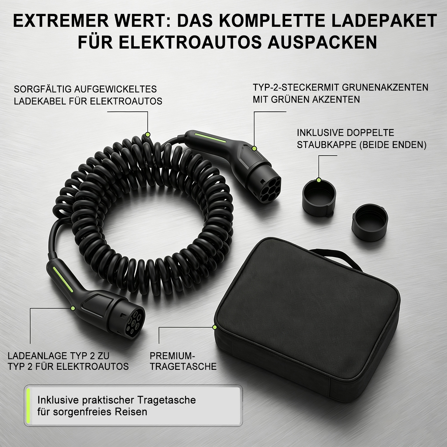 EV-Ladekabel mit Steckern, Staubkappen und Tragetasche auf Metallhintergrund.