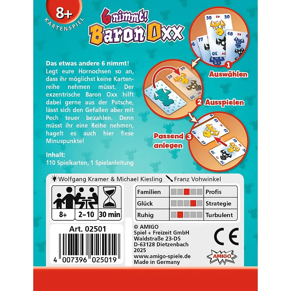 Rückseite des Kartenspiels 6 nimmt! Baron Oxx mit Spielregeln, Symbolen und Grafiken auf blauem Hintergrund.