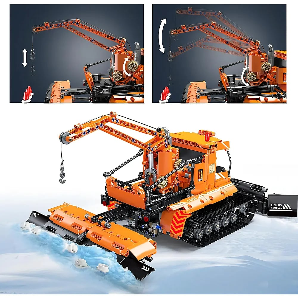 Un gatto delle nevi Lego arancione e nero con braccio della gru mobile, cingoli e uno spazzaneve che pulisce la neve.