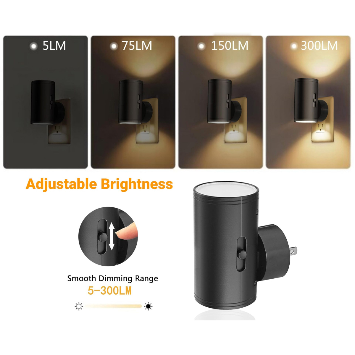 Schwarze Steckdosenleuchte mit einstellbarer Helligkeit von 5 bis 300 Lumen.