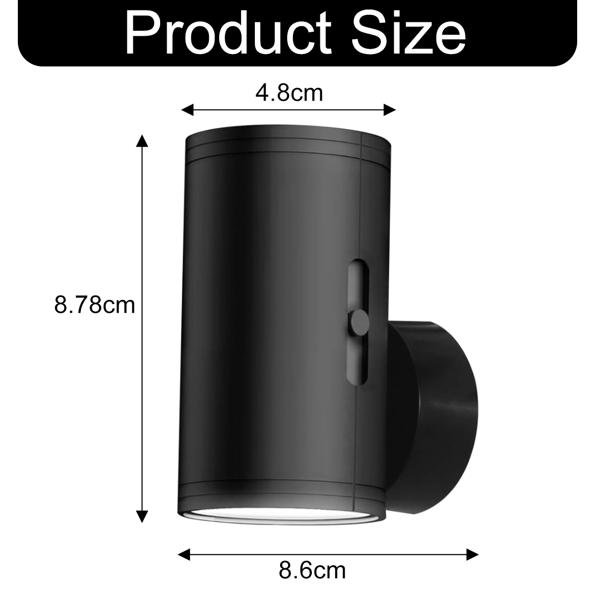 Technische Zeichnung einer schwarzen Wandleuchte mit Maßen von 4.8cm, 8.78cm und 8.6cm.