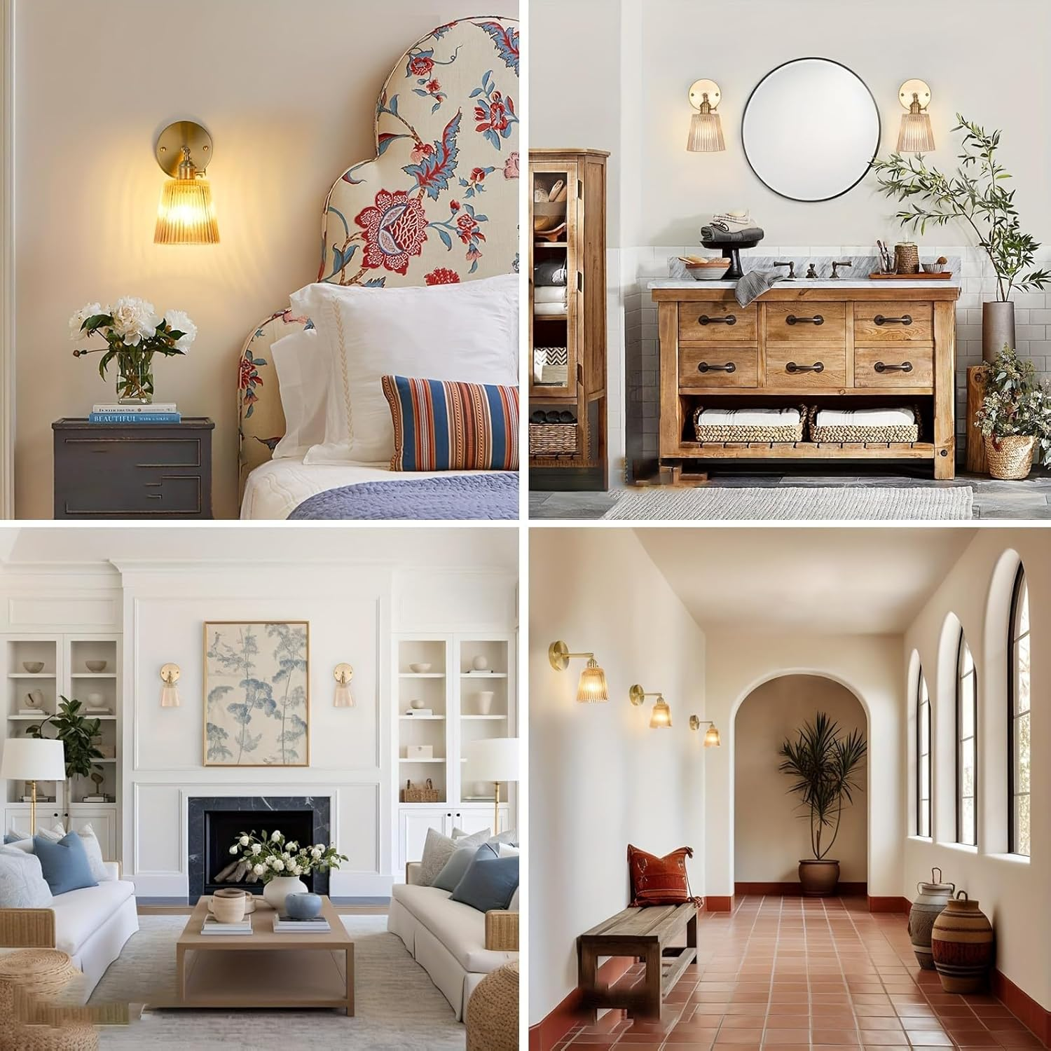 Eine Collage aus Schlafzimmer, Badezimmer, Wohnzimmer und Flur mit passenden Wandleuchten.