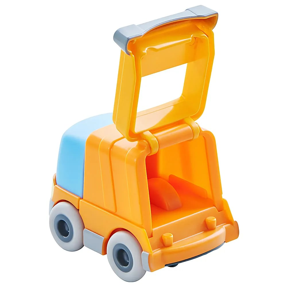 Ein kleiner Spielzeuglastwagen mit orangem Körper, blauem Führerhaus und offenem Heck, vor schlichtem Hintergrund.