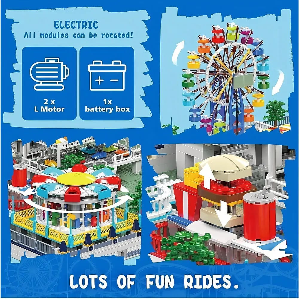 Bunte LEGO-Freizeitparkmodelle mit rotierendem Riesenrad, Karussell und Elektrofunktionen.