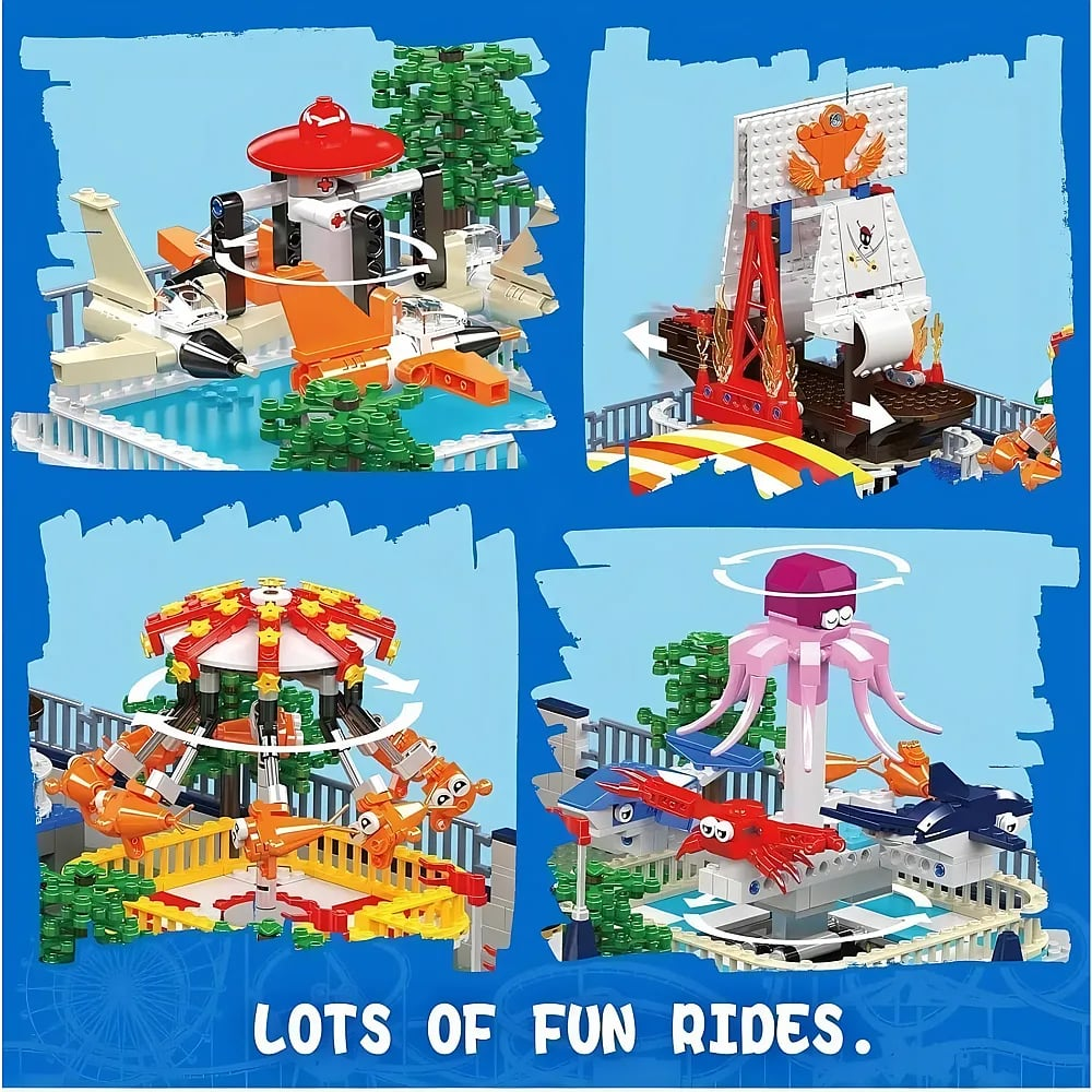 Vier Lego-Freizeitparkfahrten vor blauem Hintergrund, darunter ein Flugzeug, ein Piratenschiff, Krabben- und Oktopus-Fahrten.
