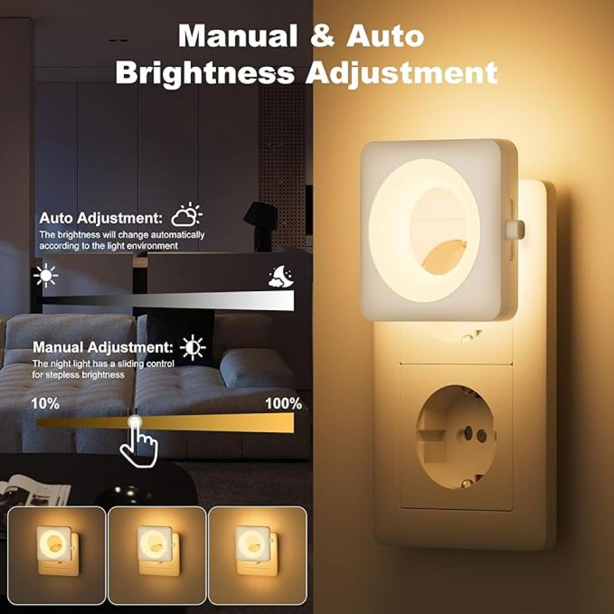 Ein Steckdosen-Nachtlicht mit manueller und automatischer Helligkeitseinstellung leuchtet in einer Wandsteckdose.