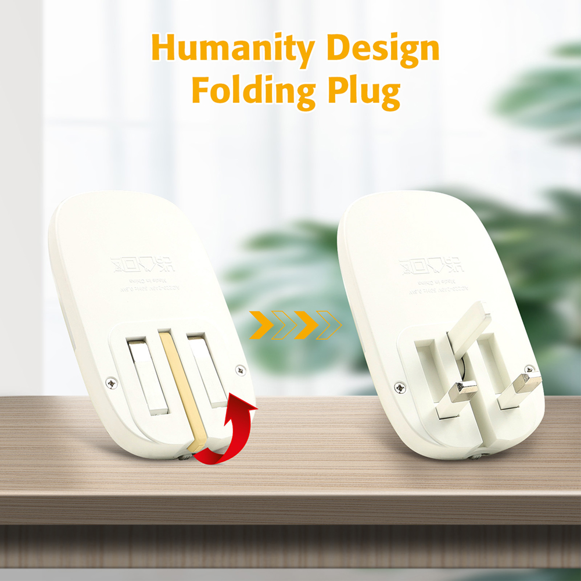 Ein weißer Klappstecker auf einer Holzoberfläche mit Text darüber.