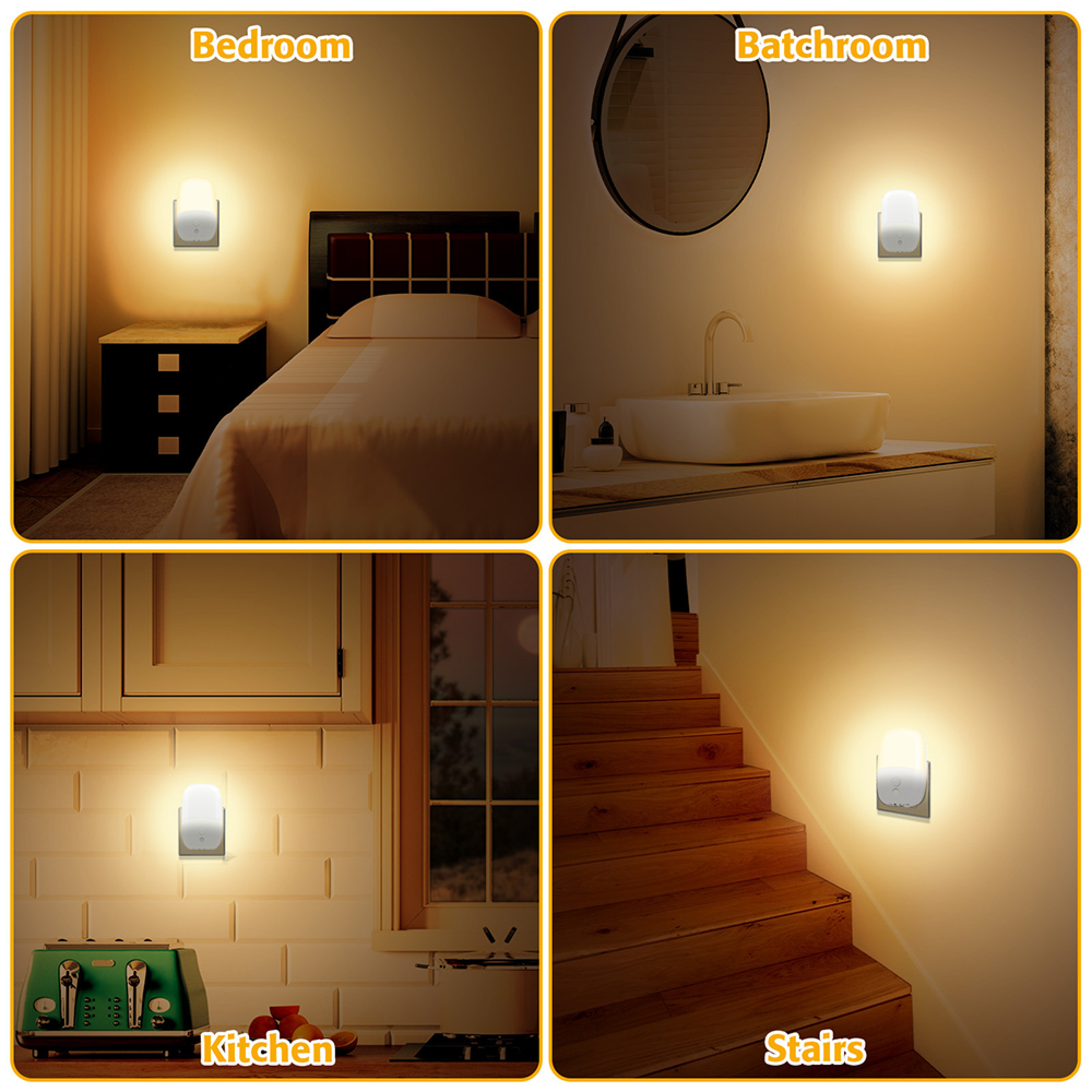 Vier Bilder zeigen ein kleines Nachtlicht im Schlafzimmer, Bad, Küche und an Treppen.