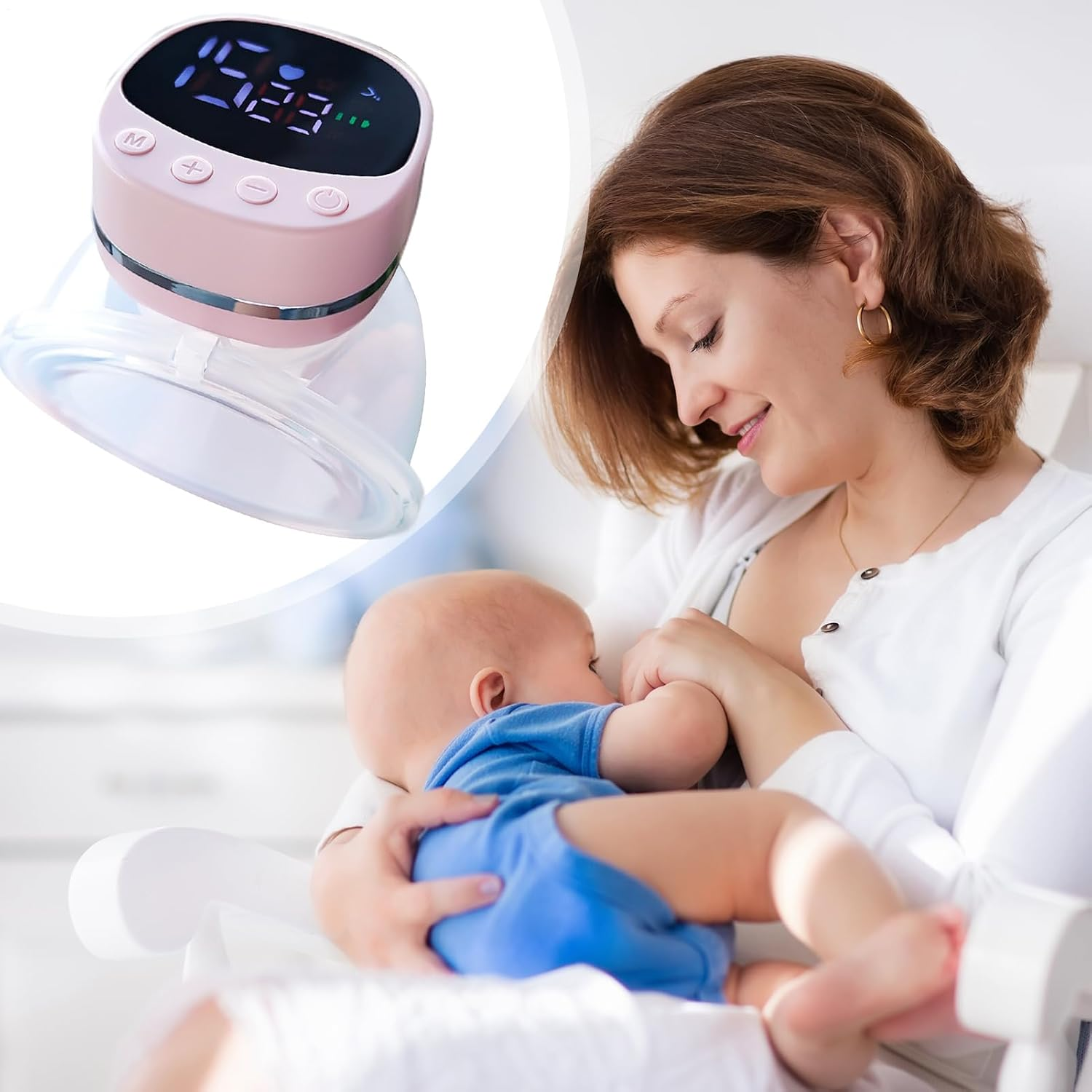 Eine Frau hält lächelnd ihr Baby, während eine rosa Milchpumpe im Vordergrund eingeblendet ist.