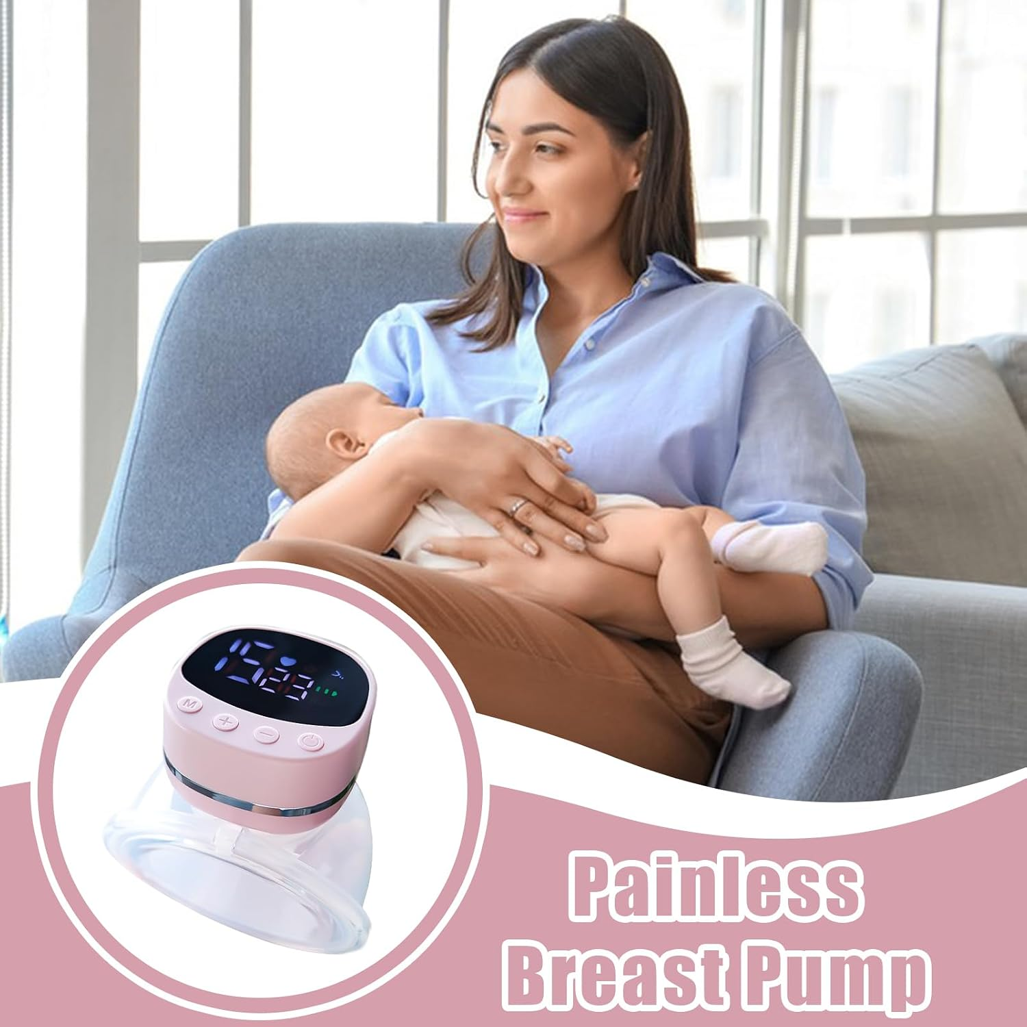 Eine Frau sitzt auf einem Stuhl und hält ein Baby, im Vordergrund ist eine rosa Milchpumpe abgebildet.