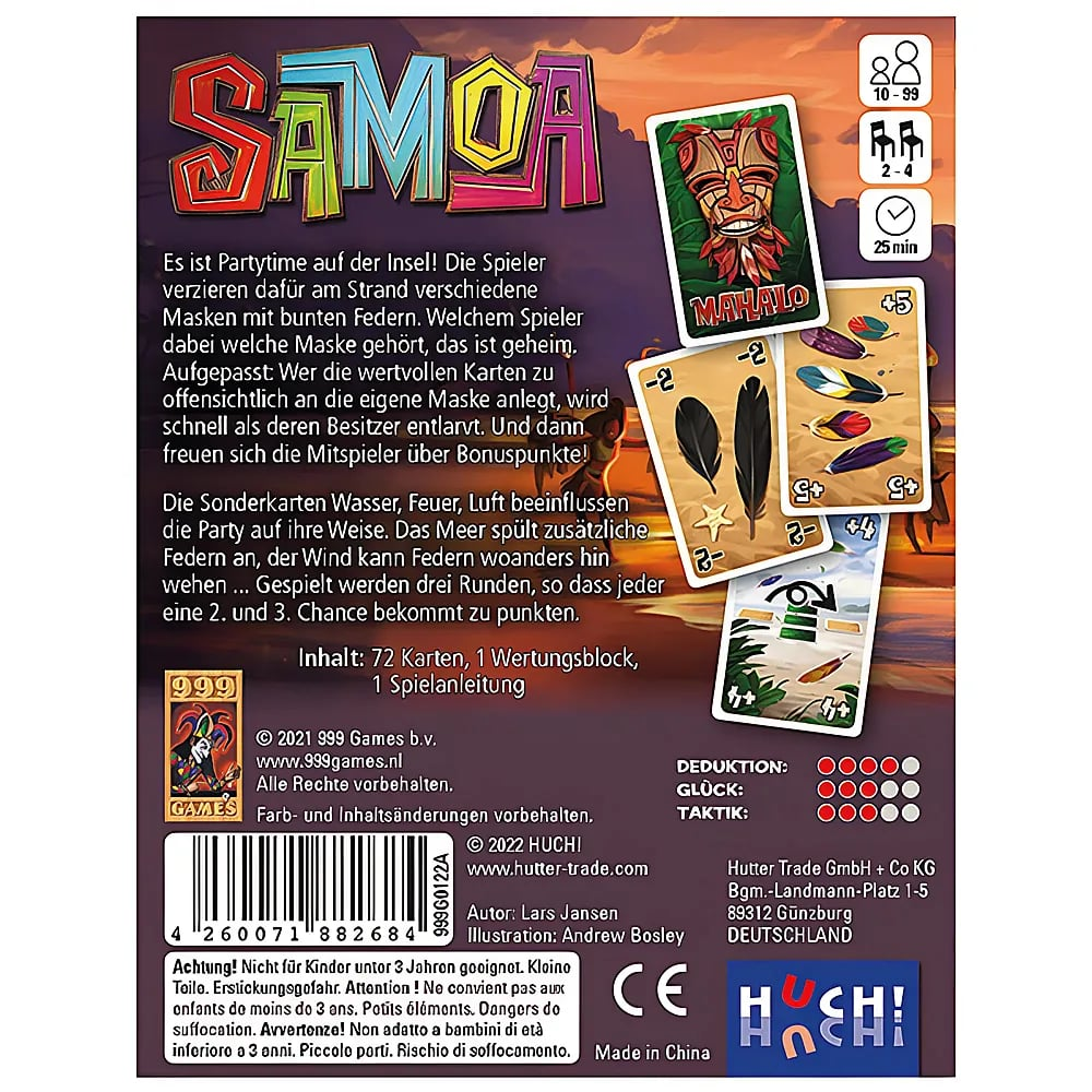 Rückseite der Samoa-Brettspielschachtel mit Spielkarten, Regeln, Symbolen und Verlagsinformationen.