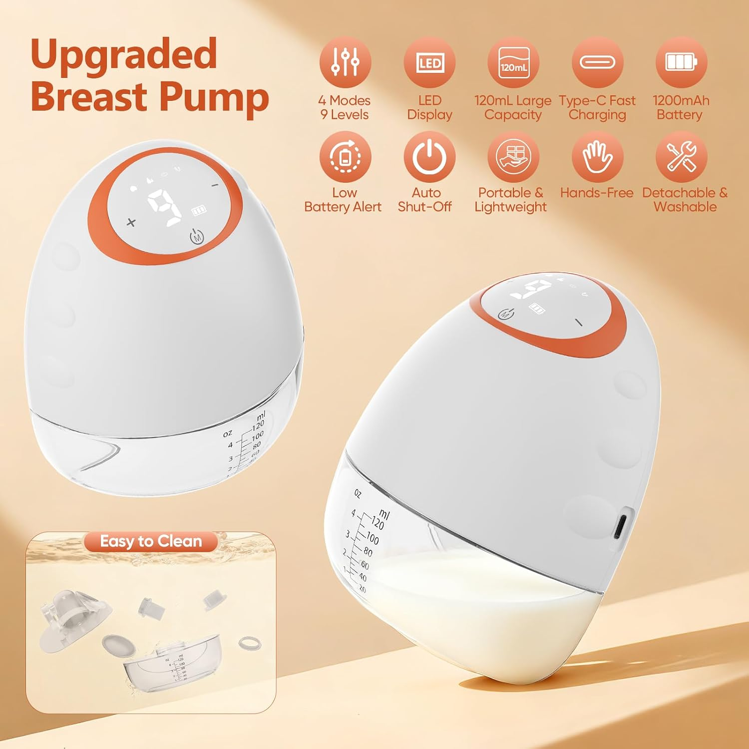 Upgrade-Milchpumpe mit orange-weißen Einheiten, LED-Anzeige und Merkmalen wie USB-C und Reinigungsanleitung.