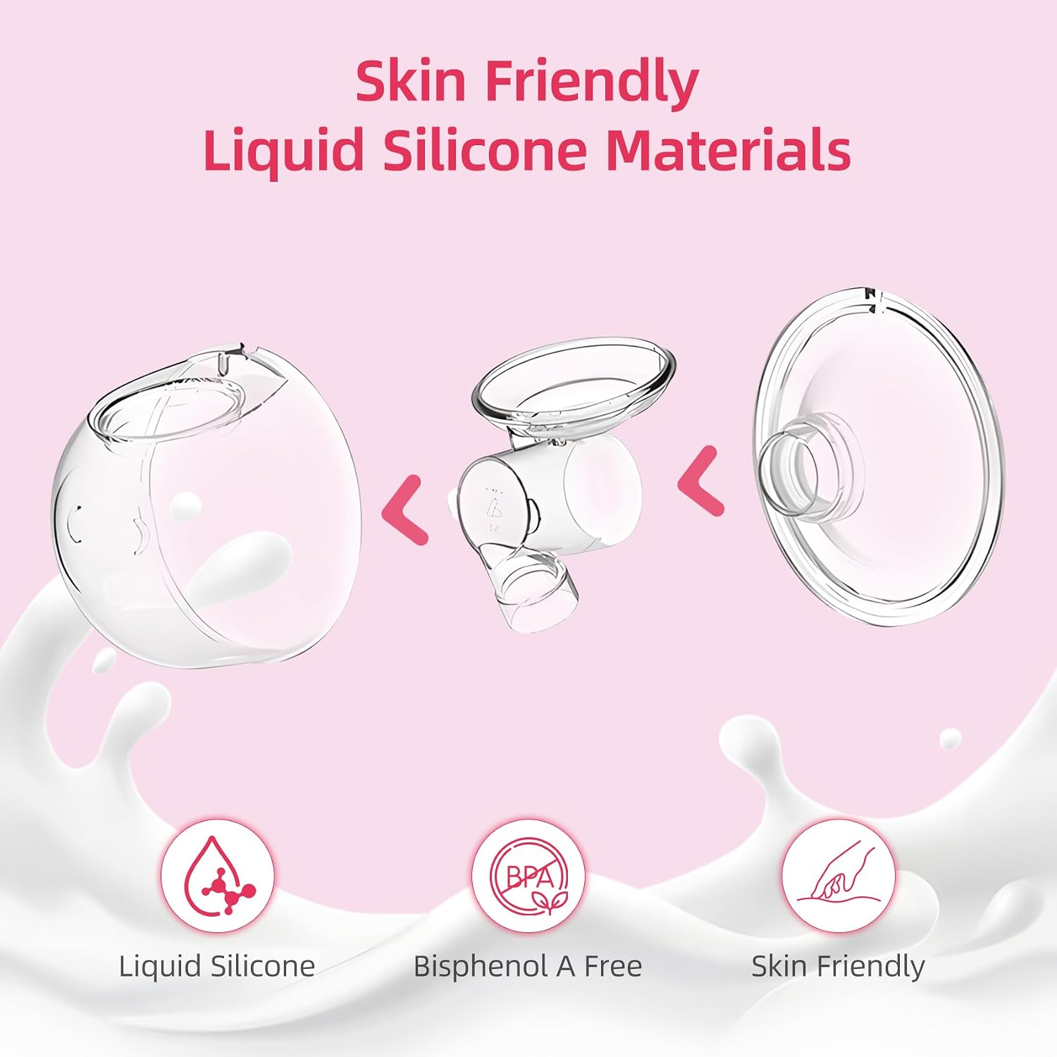 Diagramm zeigt Teile einer Milchpumpe aus flüssigem Silikon, BPA-frei und hautfreundlich.