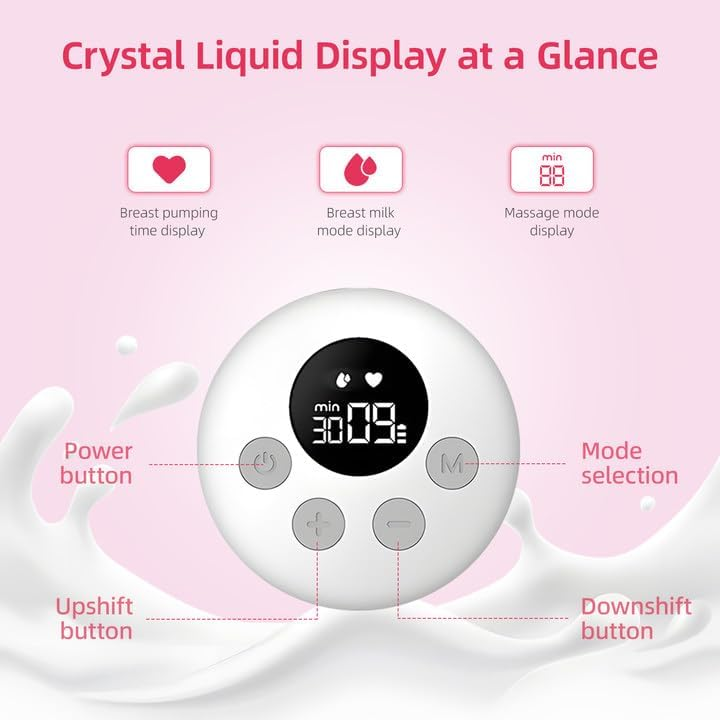 Infografik einer weißen Milchpumpe mit Digitaldisplay und beschrifteten Tönen auf rosa Hintergrund mit Milchspritzern.