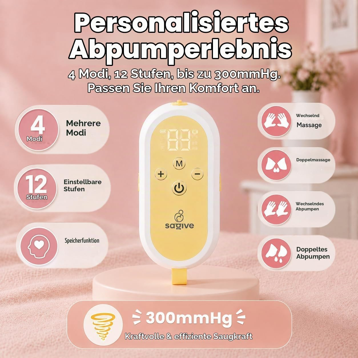Weiß-gelbe elektrische Milchpumpe mit Display und Symbolen für verschiedene Modi und Stufen.