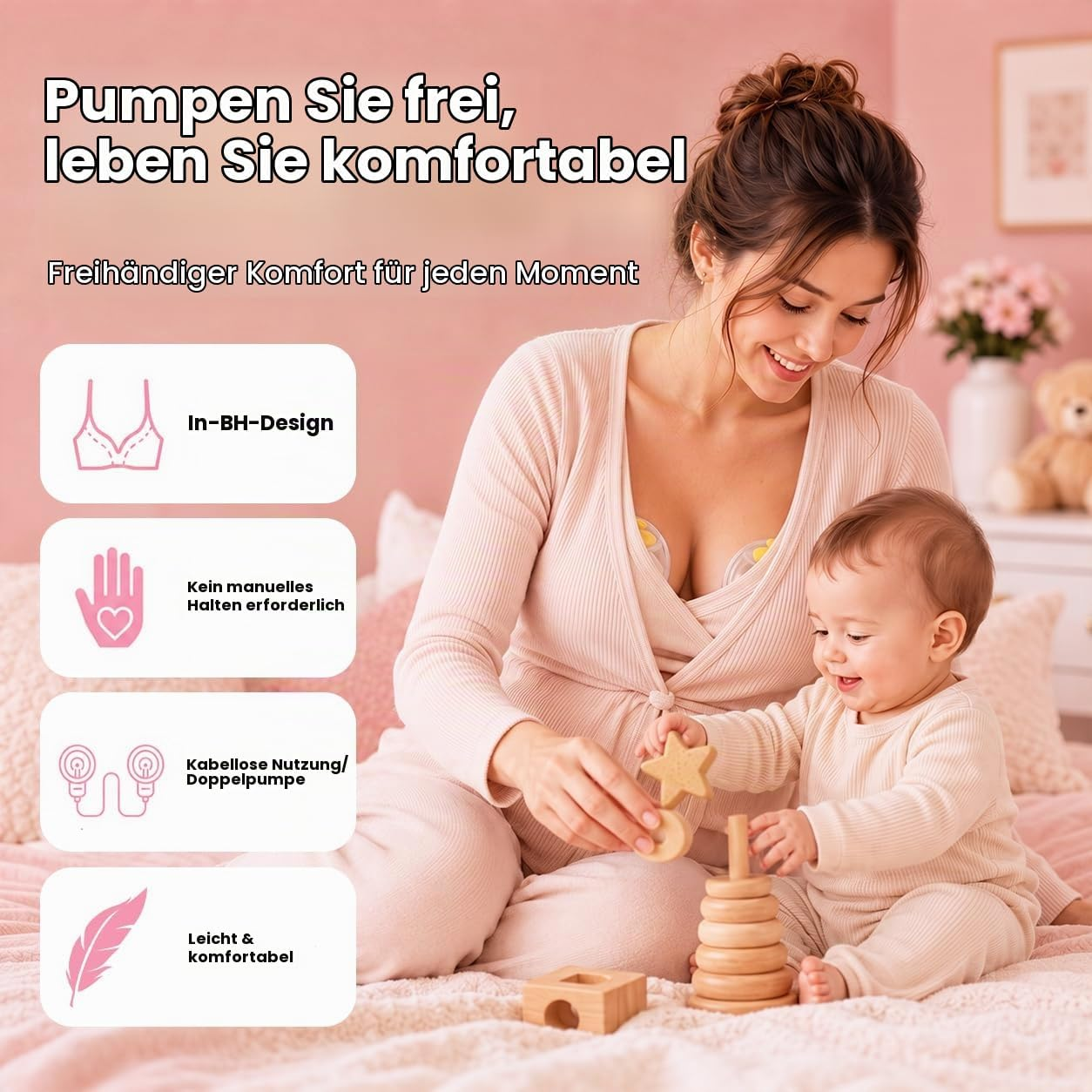Eine smiling Frau sitzt auf einem Bett mit einem Baby und spielt mit Holzspielzeug.