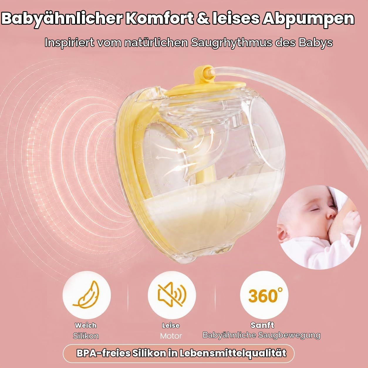 Eine transparente elektrische Milchpumpe mit Milch auf rosa Hintergrund und Symbolen für Sanftheit und leisen Motor.