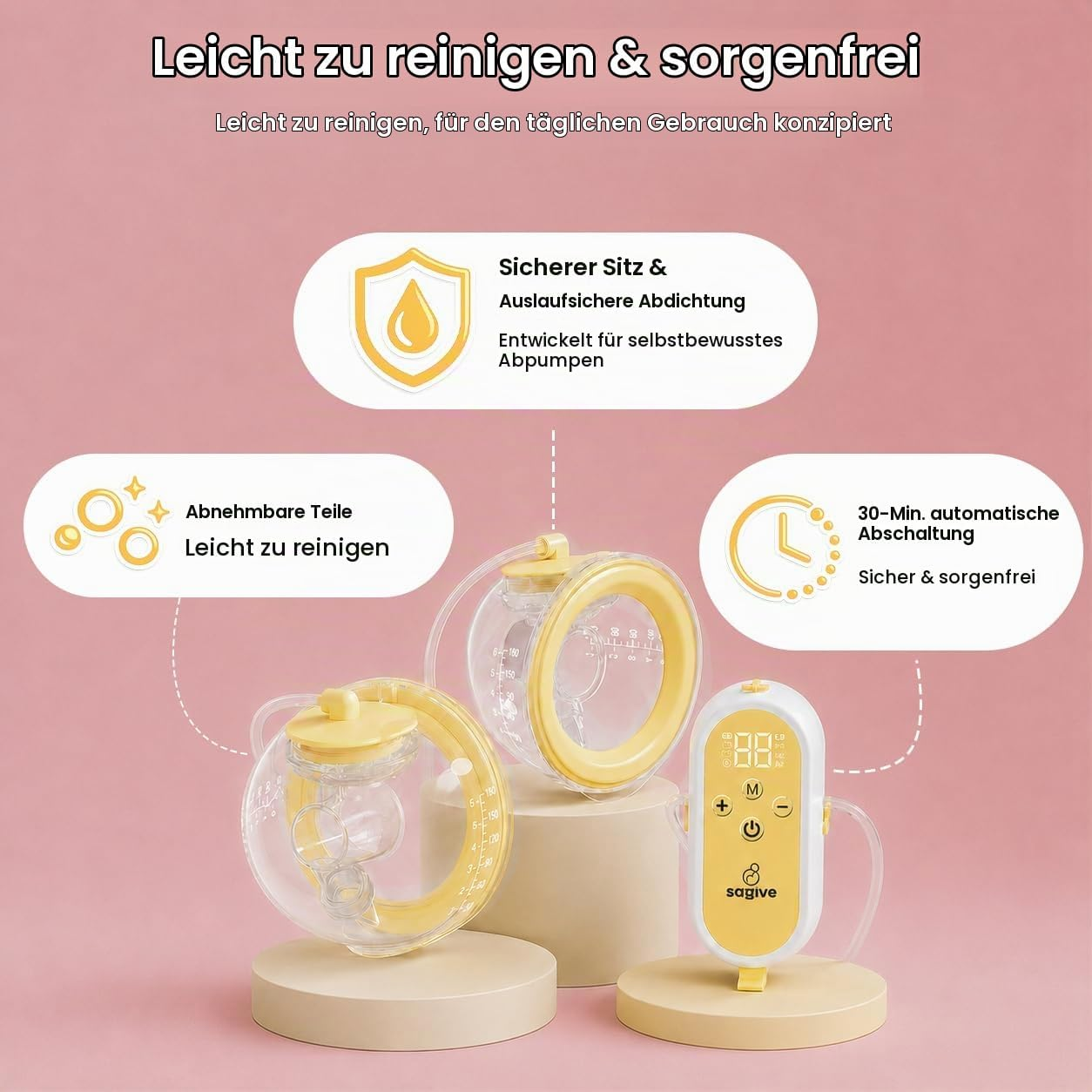 Tragbare Milchpumpe mit Zubehör auf hellen Sockeln gegen rosa Hintergrund mit Textblöcken.