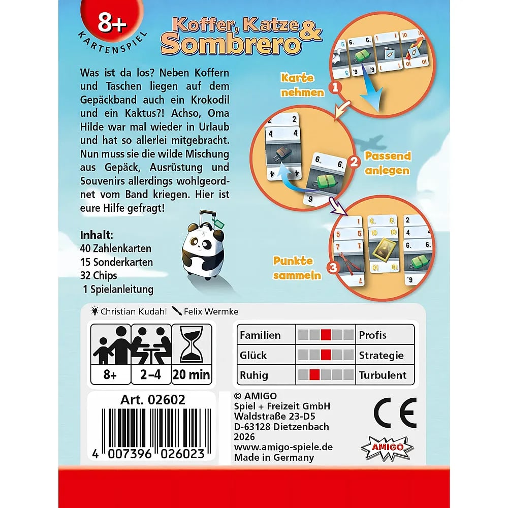 Kartenspiel-Rückseite mit Regeln, Illustrationen und einem Panda mit Koffer vor blauem Himmel.