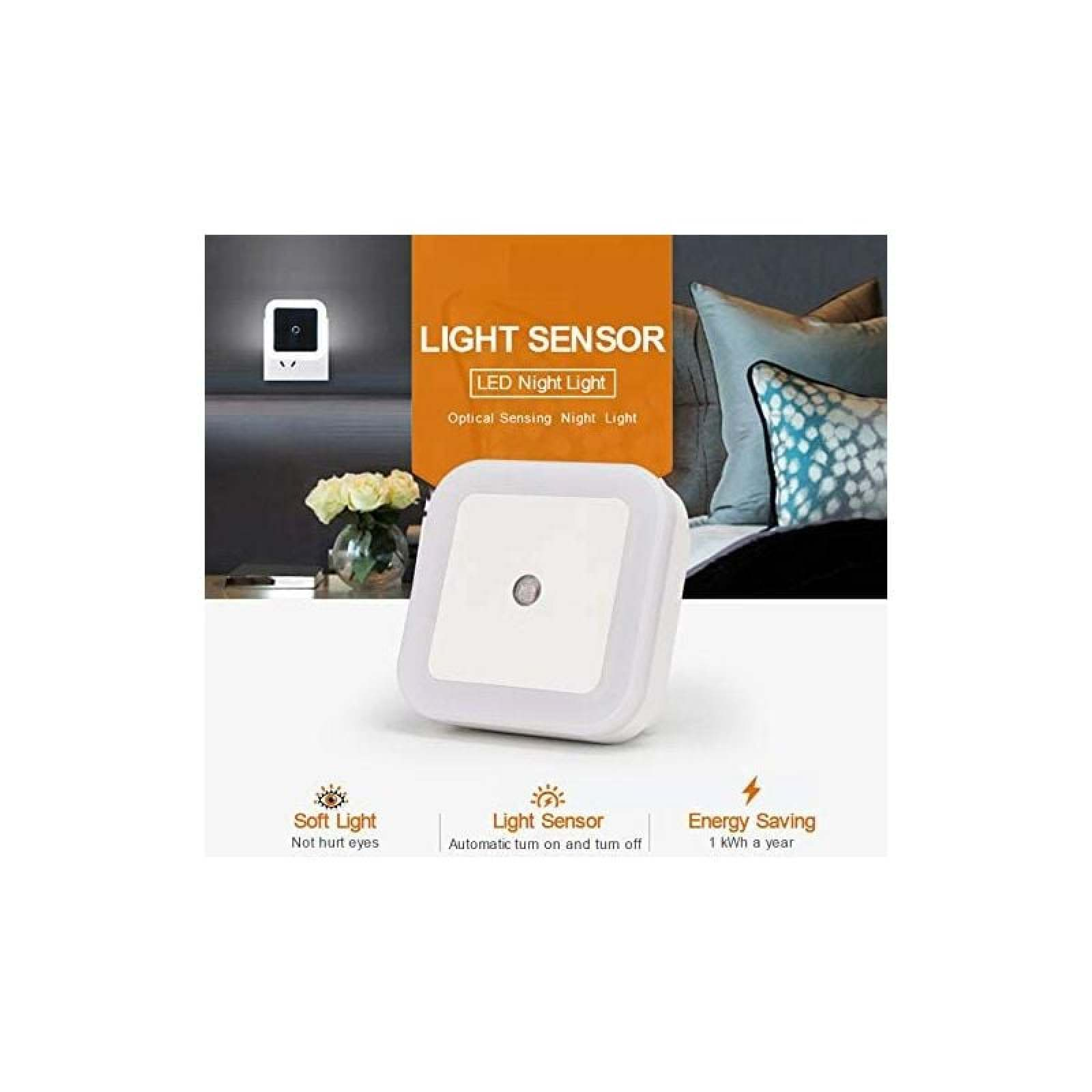 Ein weißes LED-Nachtlicht mit Sensor auf einem Tisch, mit Text und Symbolen für die Funktionen.