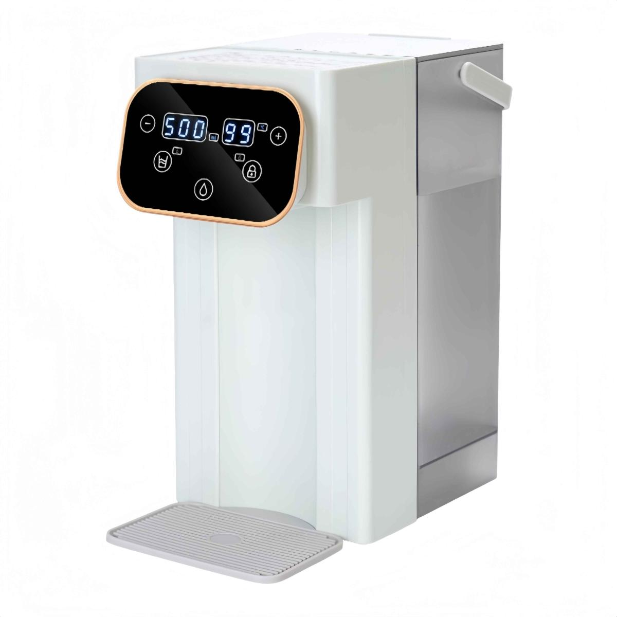 Weißer Wassertag-Spender mit digitalem Display und Wassertank.