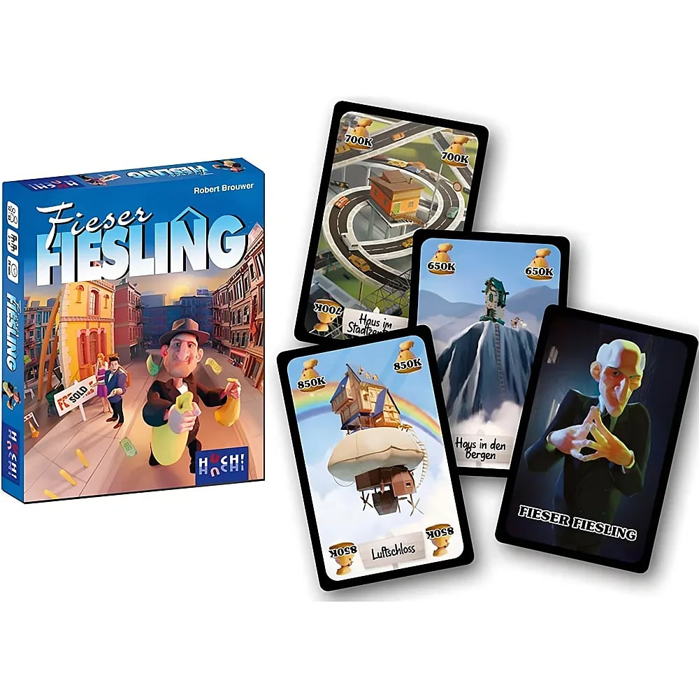 Fieser Fiesling Gesellschaftsspiel-Box mit Spielkarten, die verschiedene Immobilien und Figuren zeigen.
