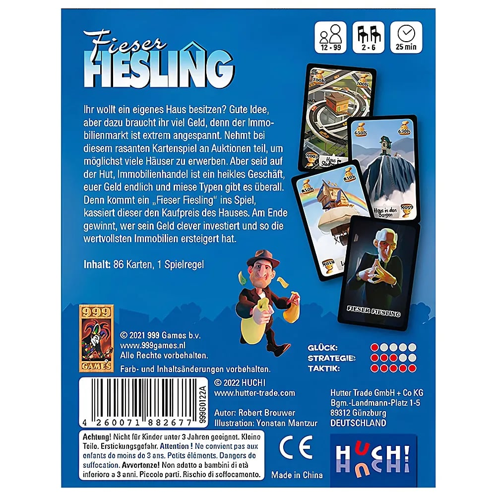 Rückseite des Kartenspiels Fieser Fiesling mit Spielbeschreibung, Karten, Cartoon-Figur, Barcode und Spieldetails.