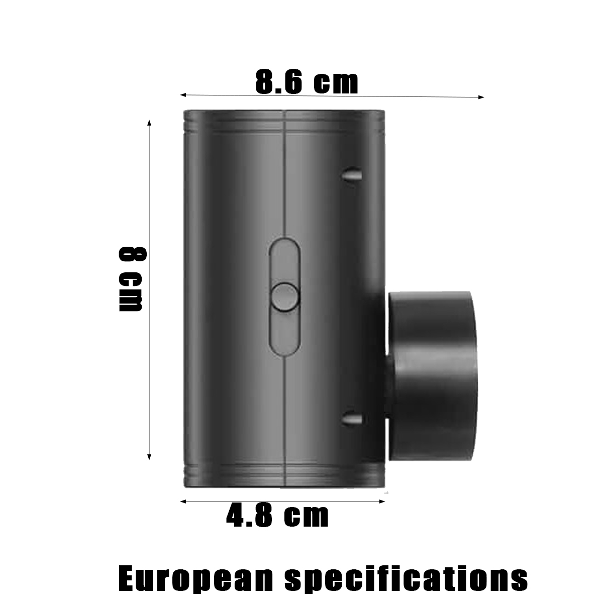 Technische Zeichnung einer zylindrischen schwarzen Wandleuchte mit Bemaßungen von 8,6 cm Breite, 8 cm Höhe und 4,8 cm Tiefe.
