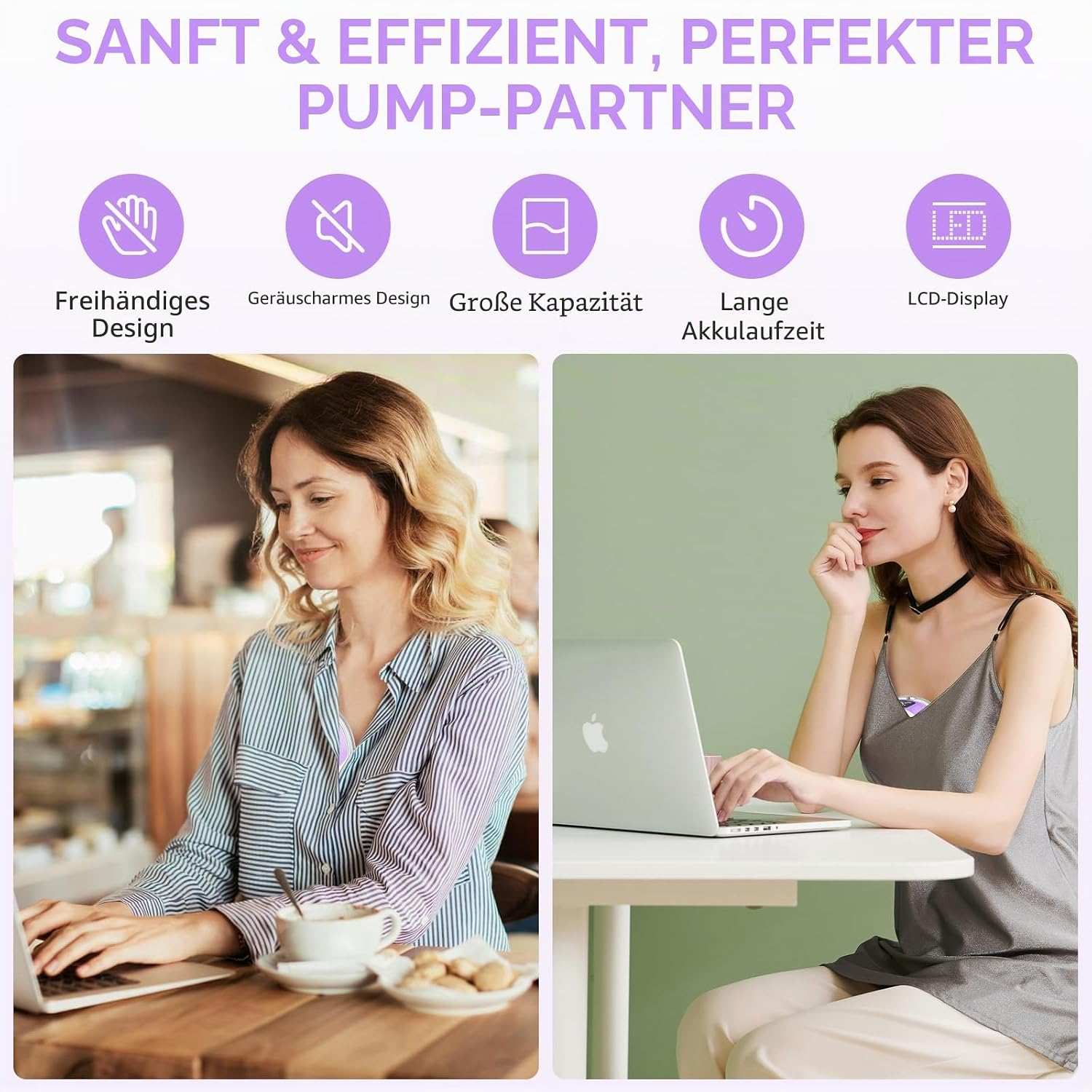 Zwei Frauen nutzen kabellose Milchpumpen beim Arbeiten an Laptops.