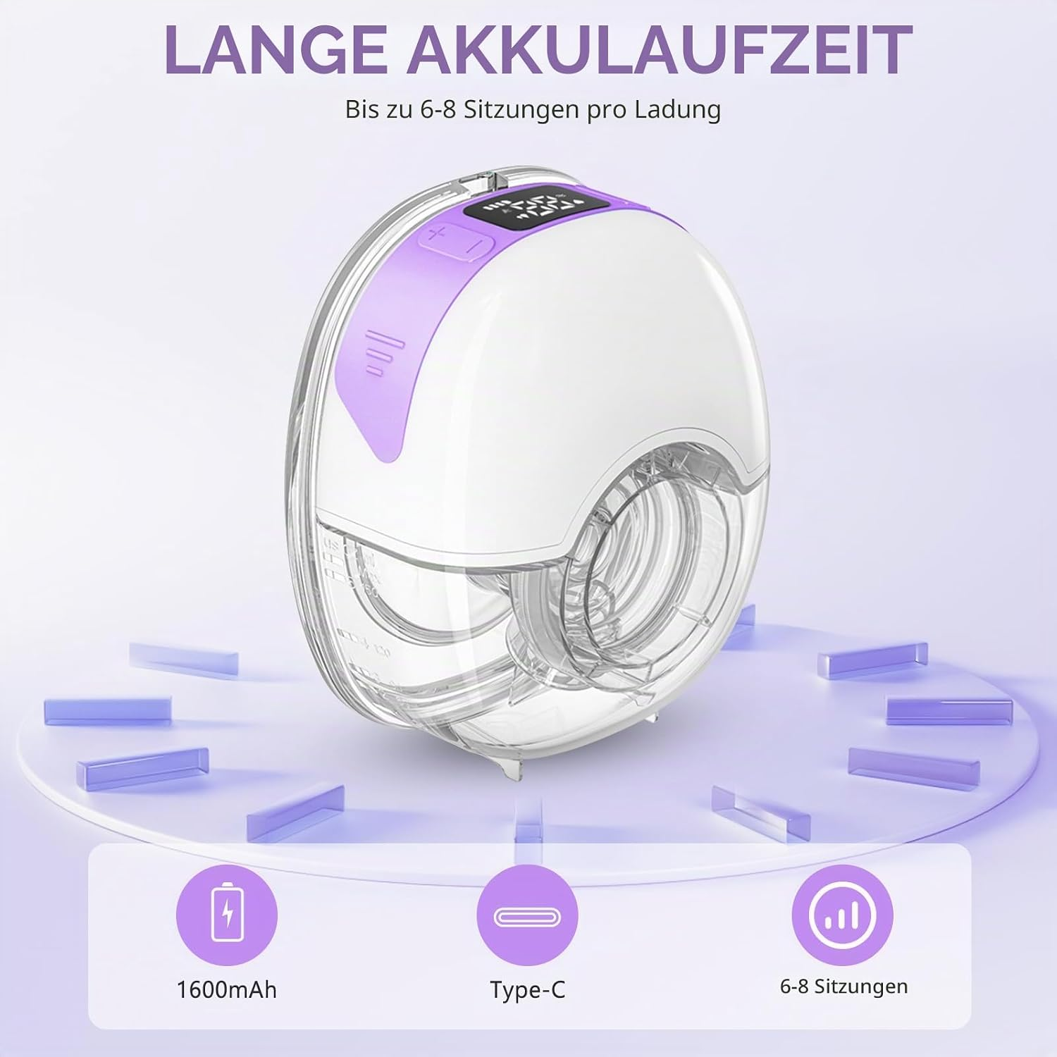 Tragbare weiße und violette Milchpumpe auf einer violetten Plattform mit Text und Symbolen.