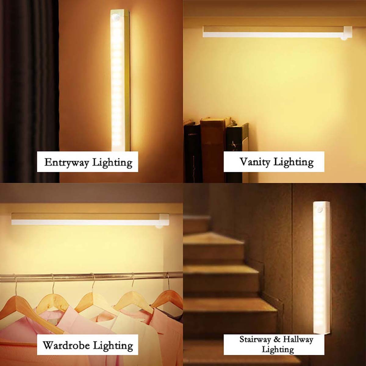 Vierteiliges Bild mit LED-Lichtleisten für Flur, Schminktisch, Kleiderschrank und Treppenbeleuchtung.