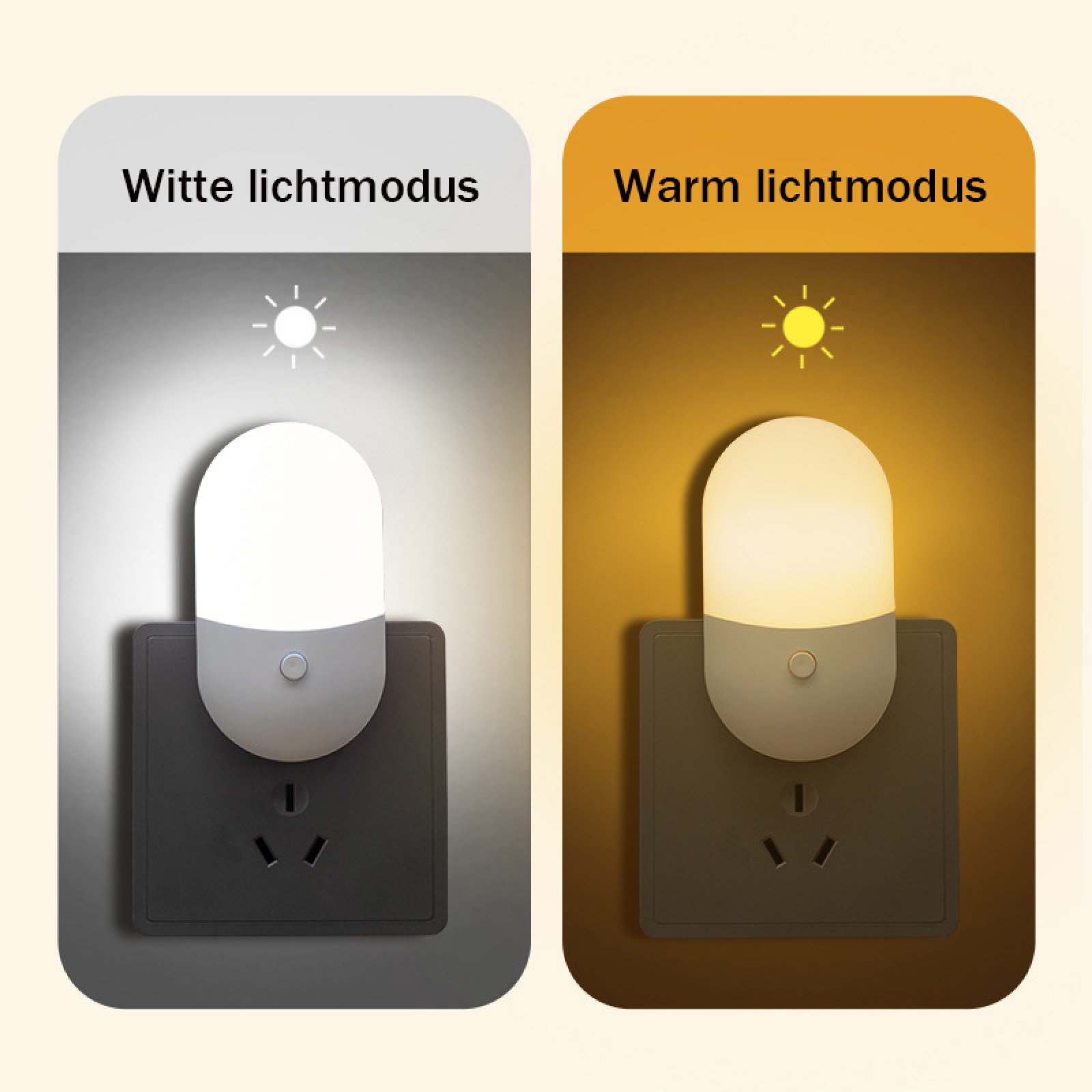 Plug-in-Nachtlicht zeigt weißen und warmen Lichtmodus an.