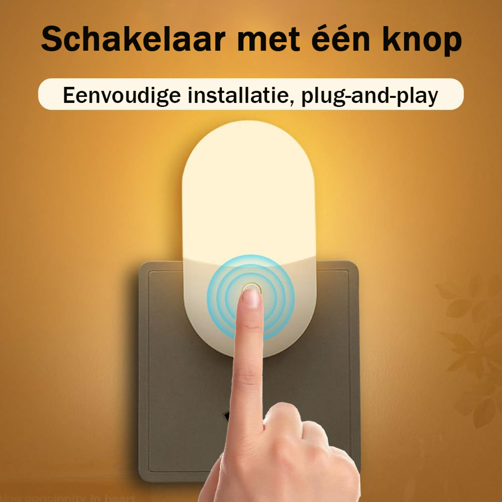 Ein Finger drückt die Taste eines weißen Wandschalters vor gelbem Hintergrund.