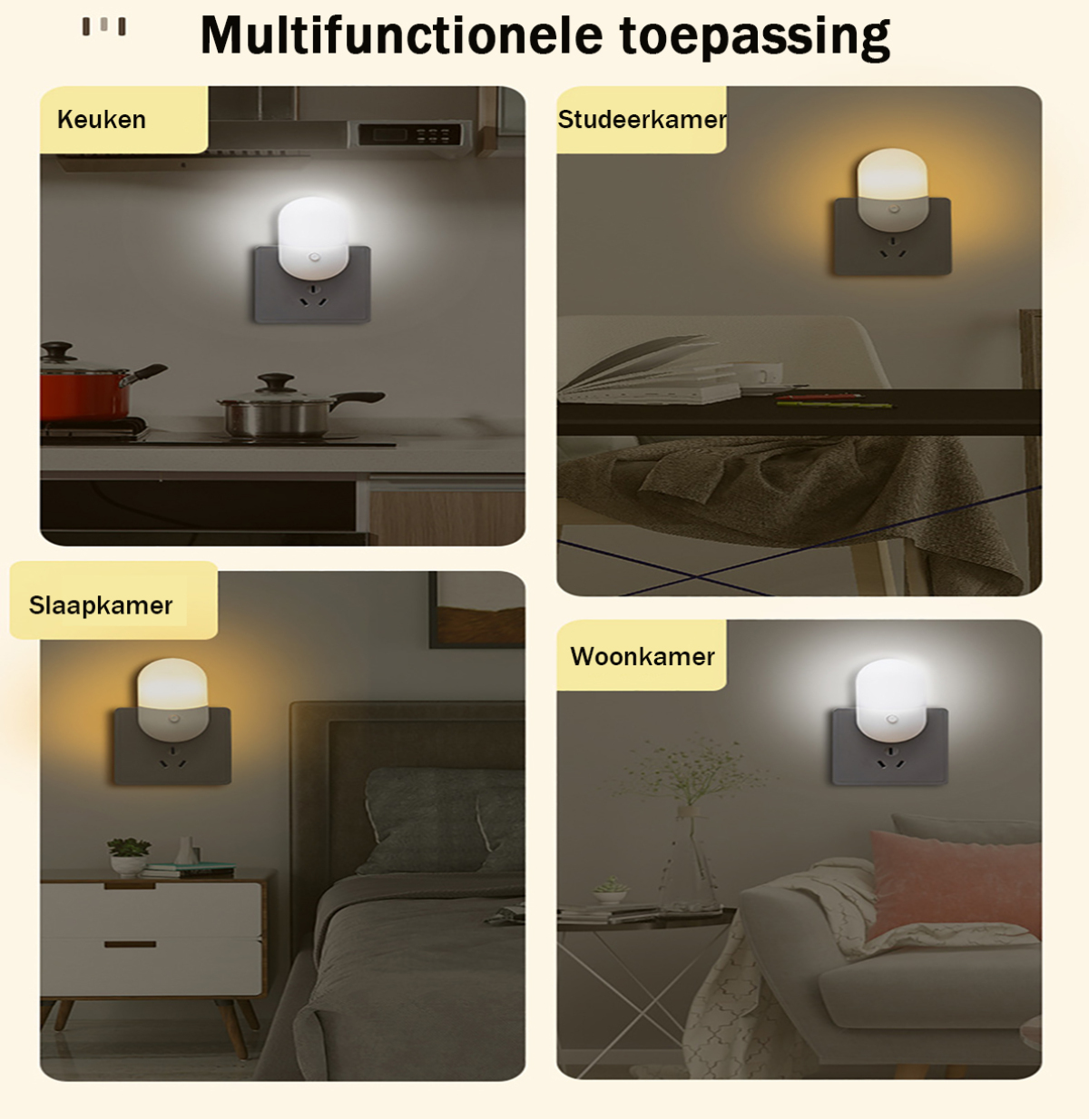 Vier Bilder zeigen eine Nachtlampe in Küche, Studierzimmer, Schlafzimmer und Wohnzimmer.