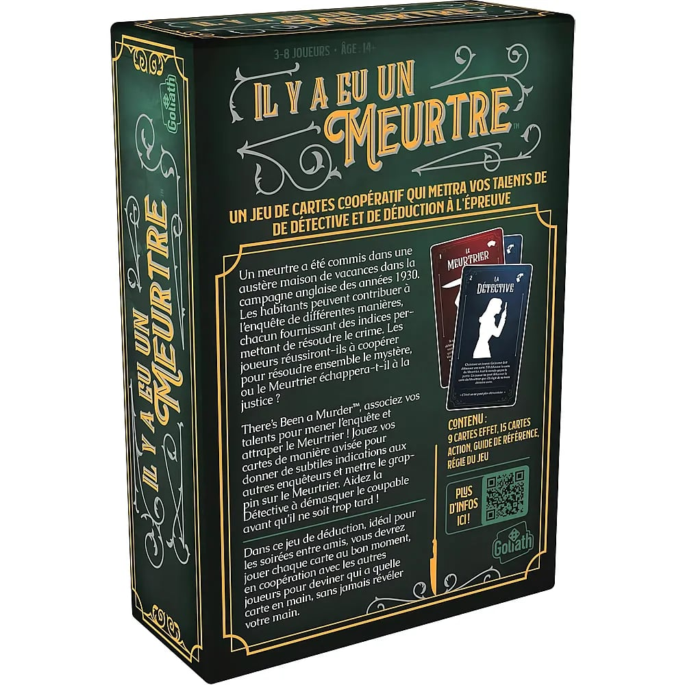 Retro della scatola del gioco 'Il y a eu un meurtrier' con testo, decorazioni e immagini di carte.