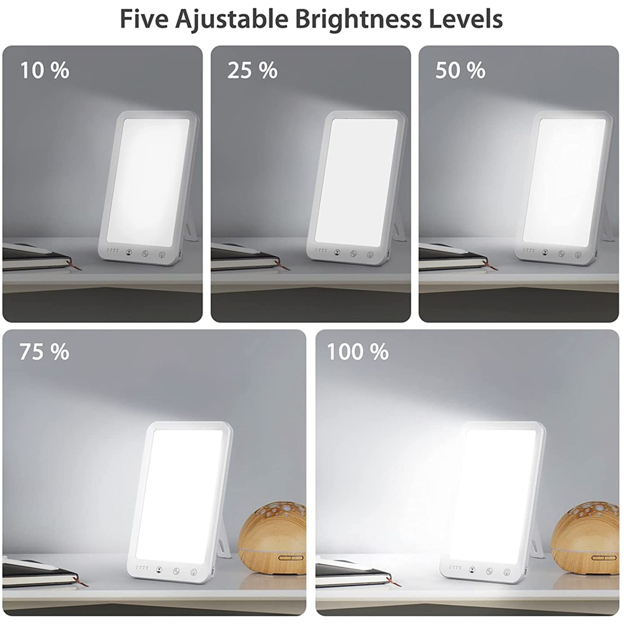 Fünf Bilder zeigen eine weiße Tageslichtlampe auf einem Tisch in fünf verschiedenen Helligkeitsstufen von 10% bis 100%.