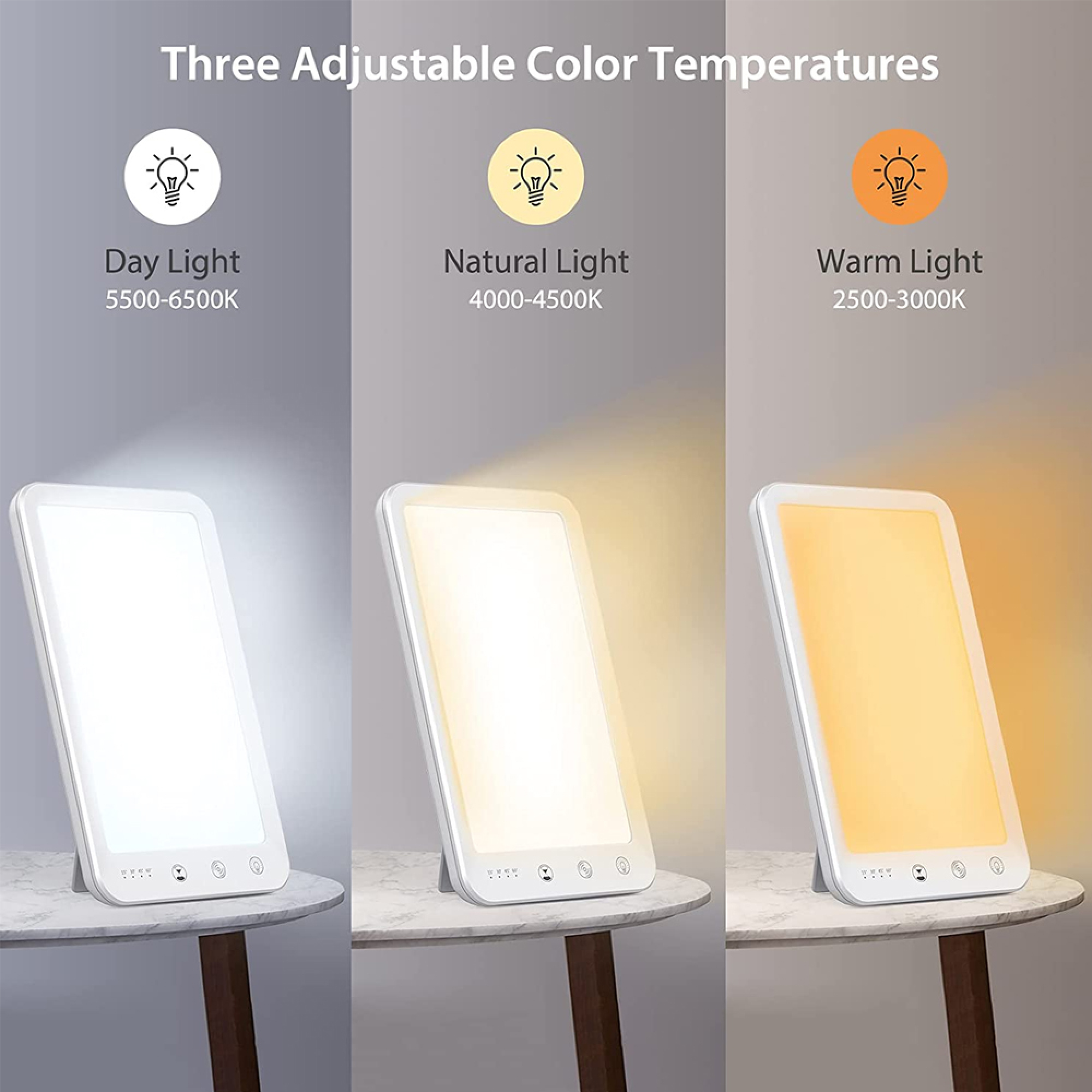 Vergleich von drei Farbtemperaturen einer Tageslichtlampe: Tageslicht, natürliches Licht und warmes Licht auf Tischen.