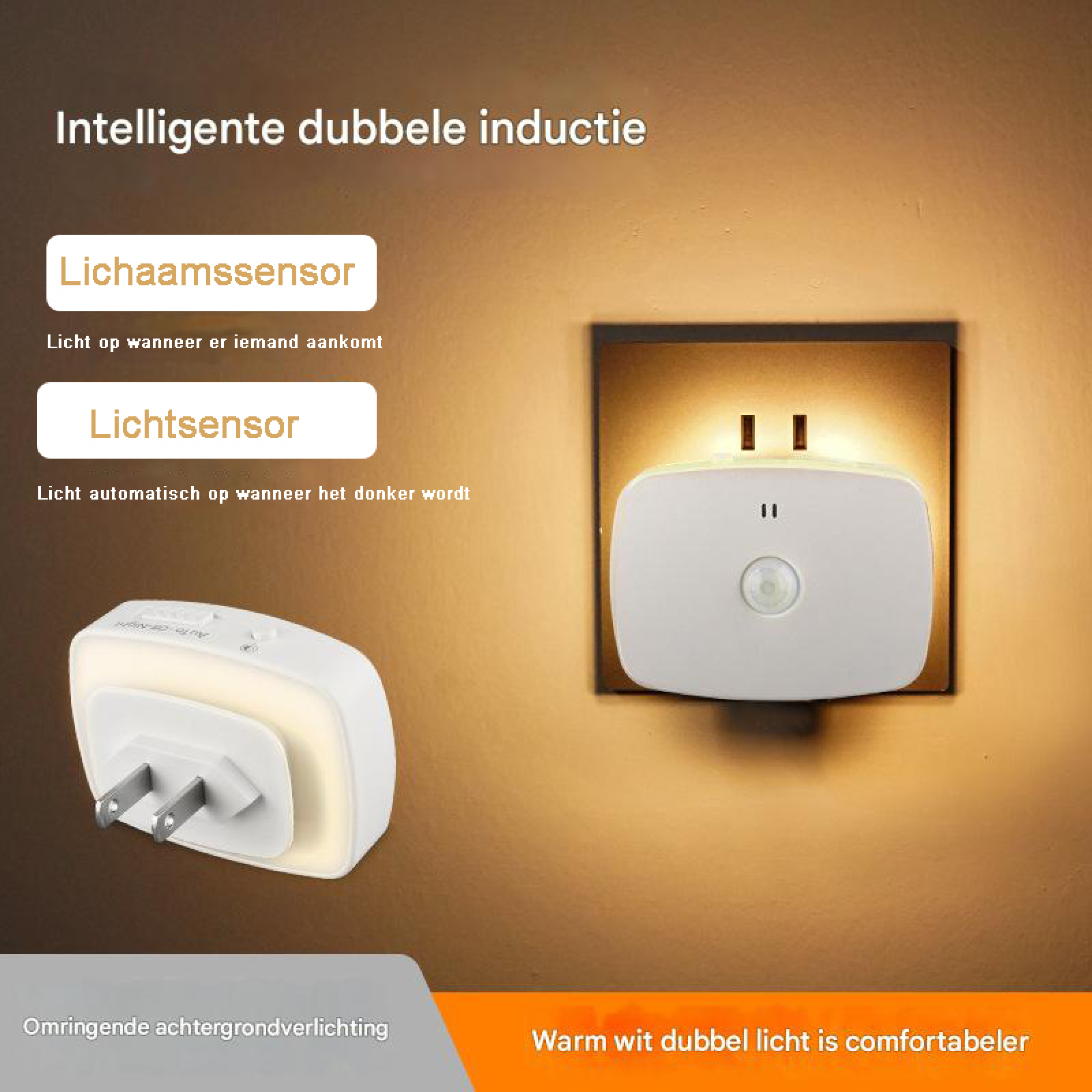 Intelligente LED-Wandleuchte mit Bewegungssensor, Lichtsensor und warmem Hintergrundlicht auf einer braunen Wand.