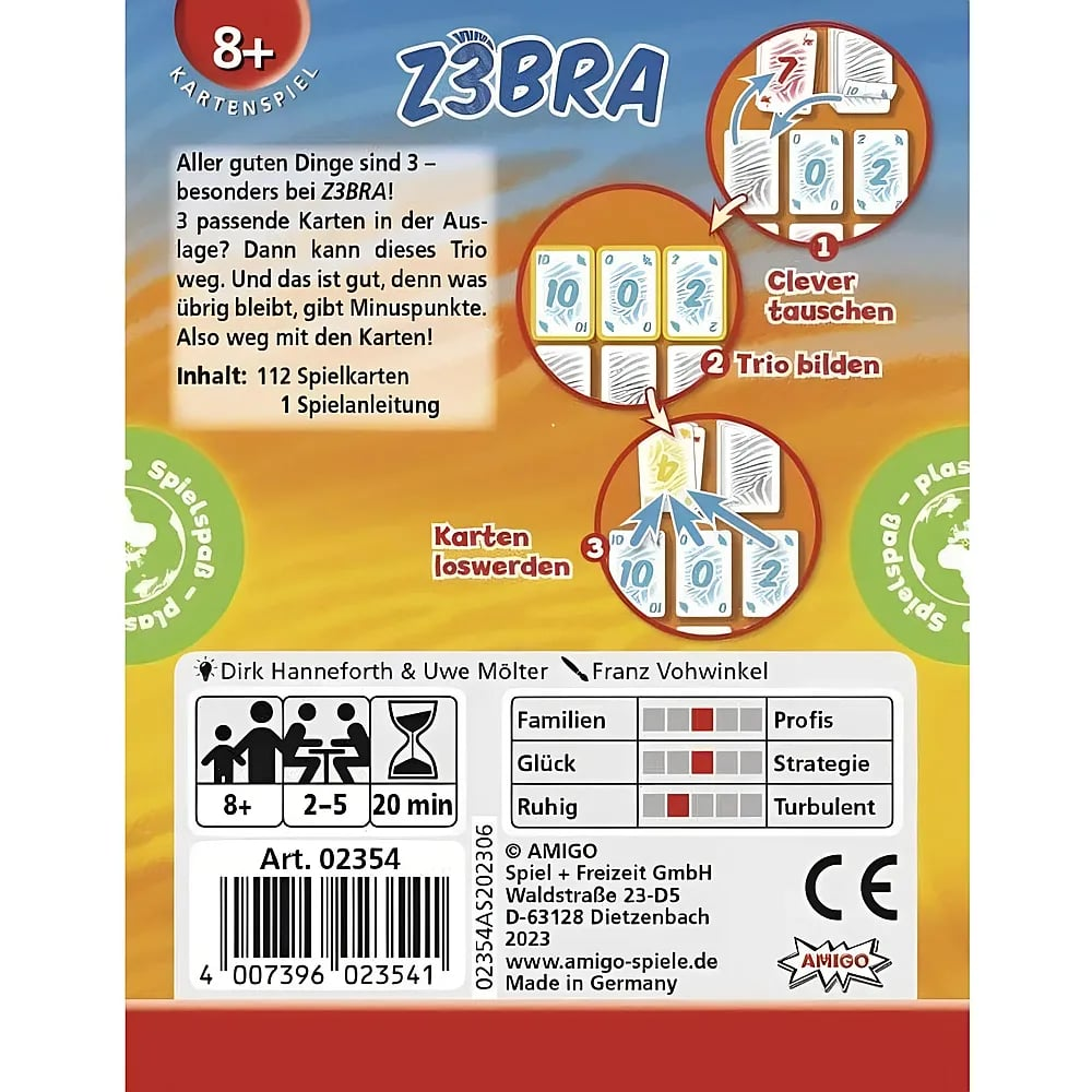 Retro della scatola del gioco di carte Z3BRA con regole e illustrazioni.