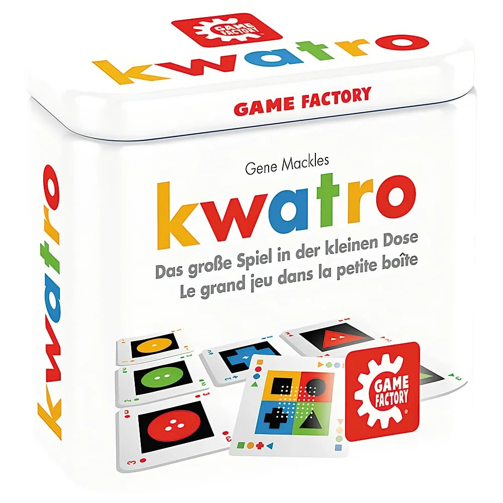 Weiße Metallbox des Kartenspiels 'kwatro' mit bunten Spielkarten und Logos.