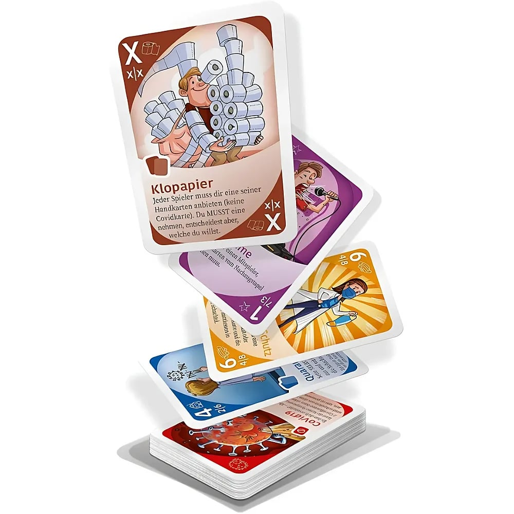 Ein Fächer aus bunten Spielkarten mit Comic-Illustrationen fällt auf einen Kartenstapel.