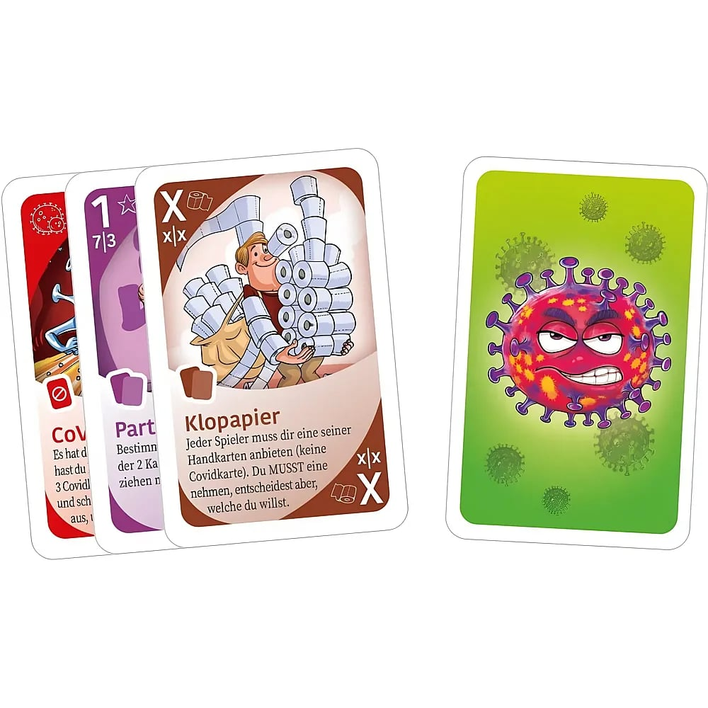 Spielkarten mit Illustrationen von Toilettenpapier-Hamstern und einem grimmigen Coronavirus auf grünem Hintergrund.