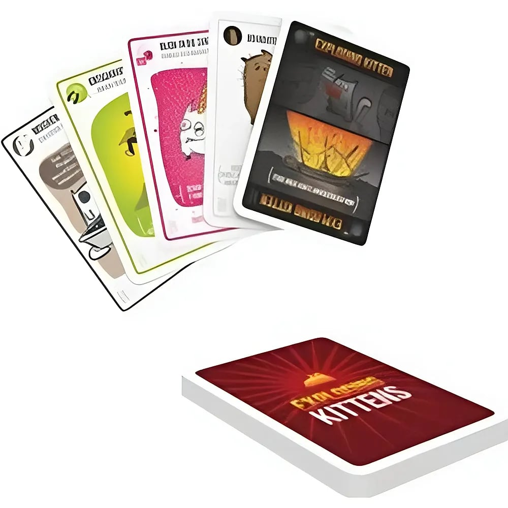 Exploding Kittens Kartenspiel, mit aufgefächerten bunten Karten und einem Kartenstapel unten.