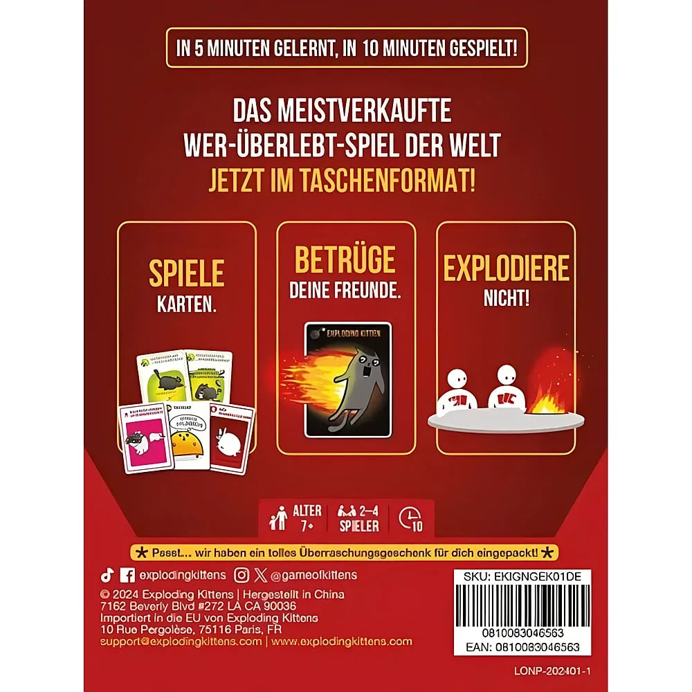 Rückseite der Spielverpackung von Exploding Kittens mit Regeln und Icons auf rotem Hintergrund.