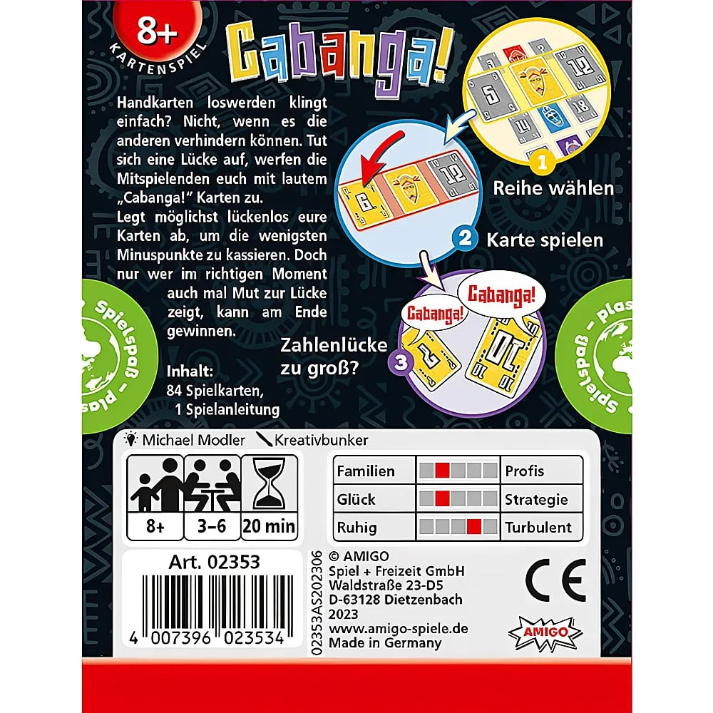 Dos de la boîte de jeu Cabanga! avec description en allemand, icônes, code-barres et détails de jeu.