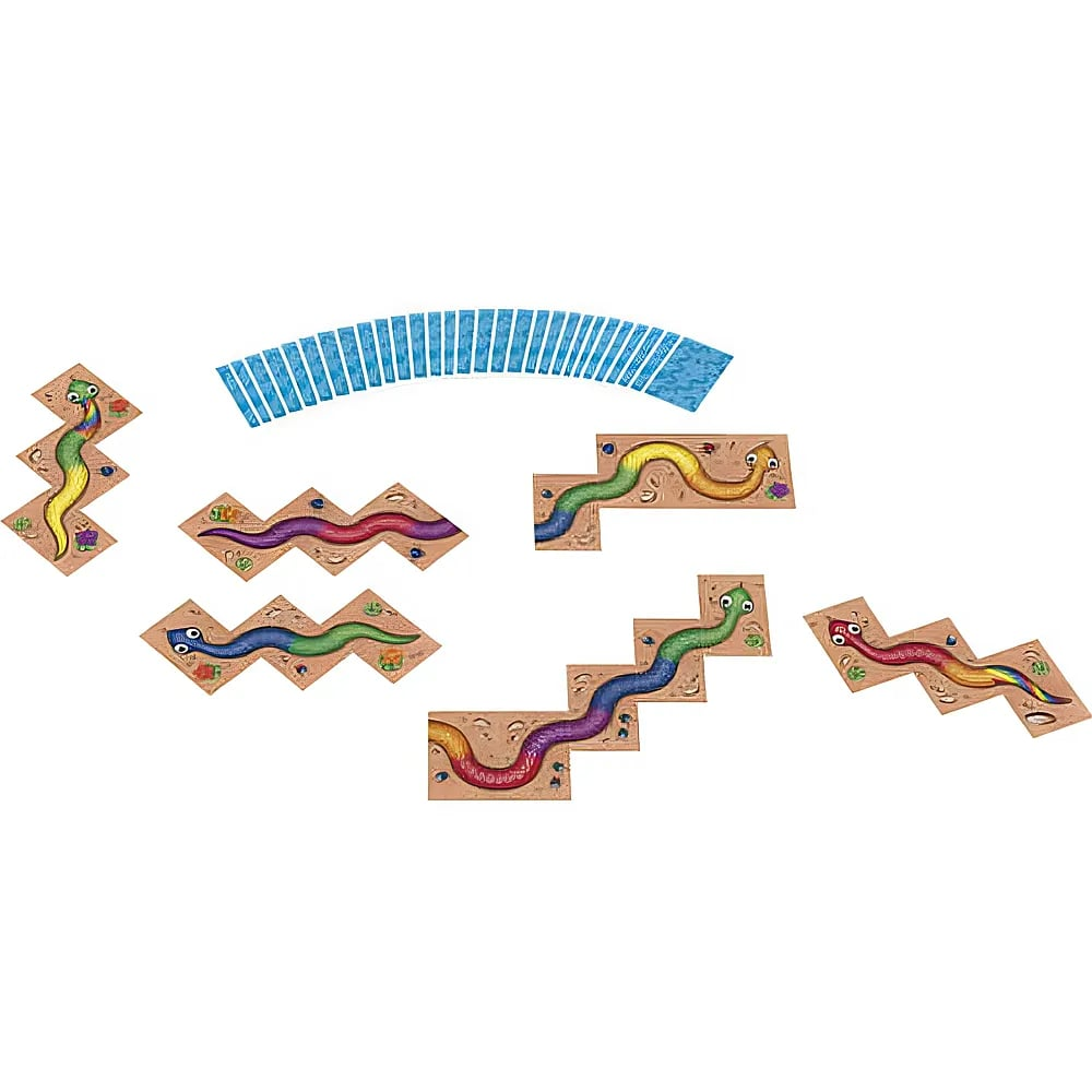 Bunte Schlangenpuzzleteile und blaue Wasserstreifen auf weißem Grund.