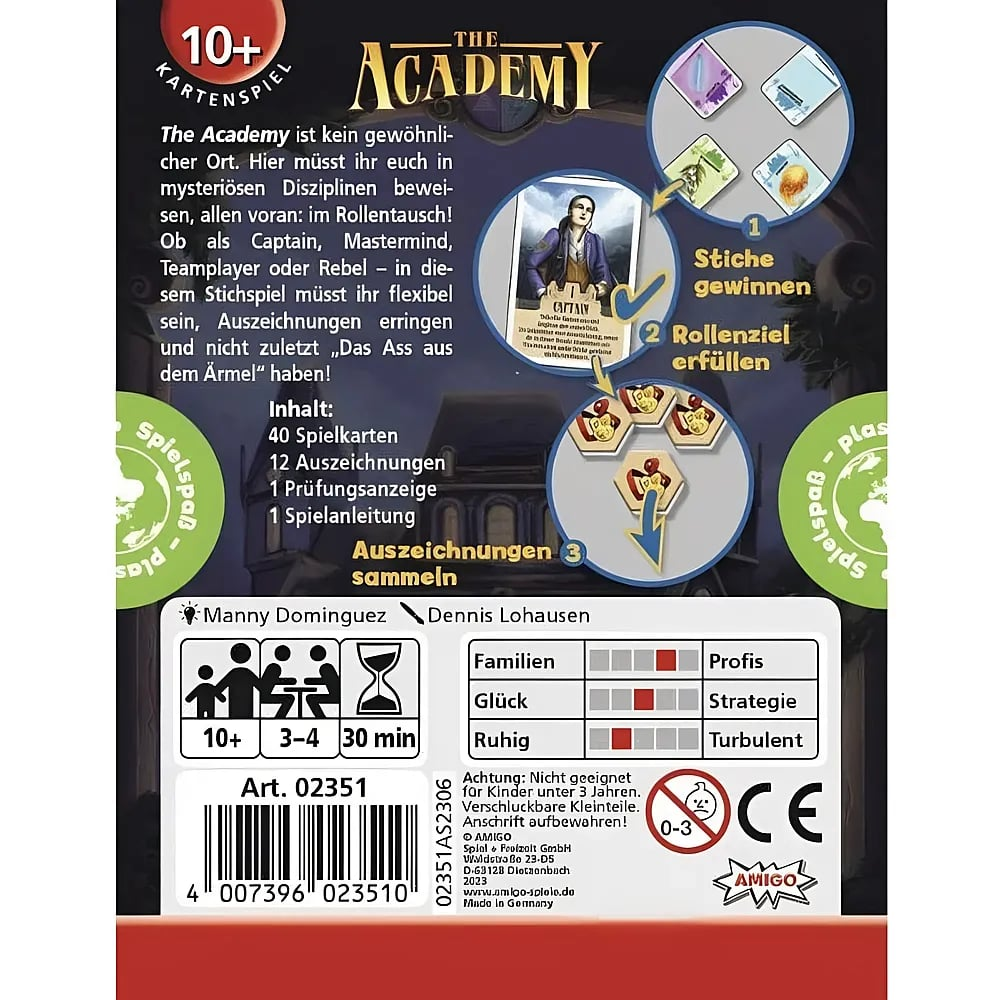 Kartenspiel-Rückseite von "The Academy" mit Regeln, Inhalt, Symbolen und Spieldetails.
