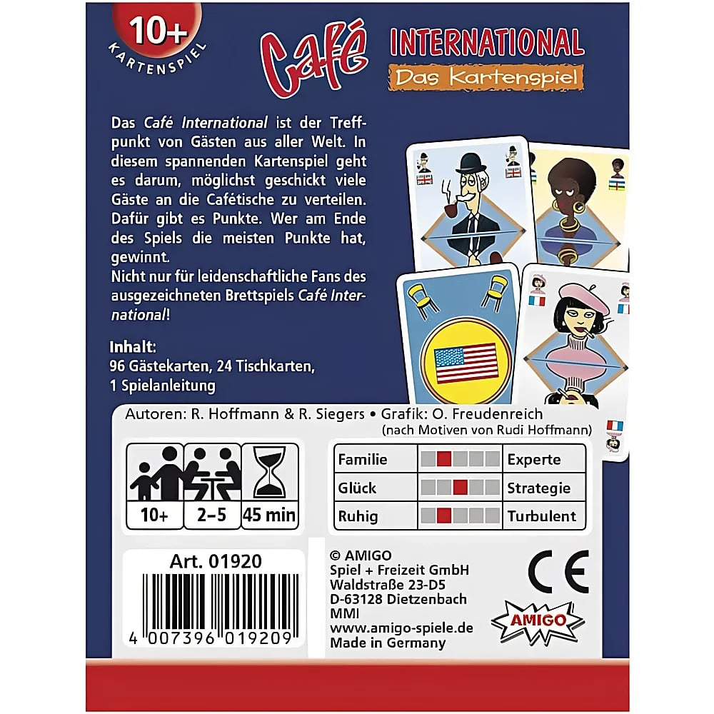Rückseite der Spieleverpackung von Café International mit Spielbeschreibung, Bildern von Spielkarten und Angaben.