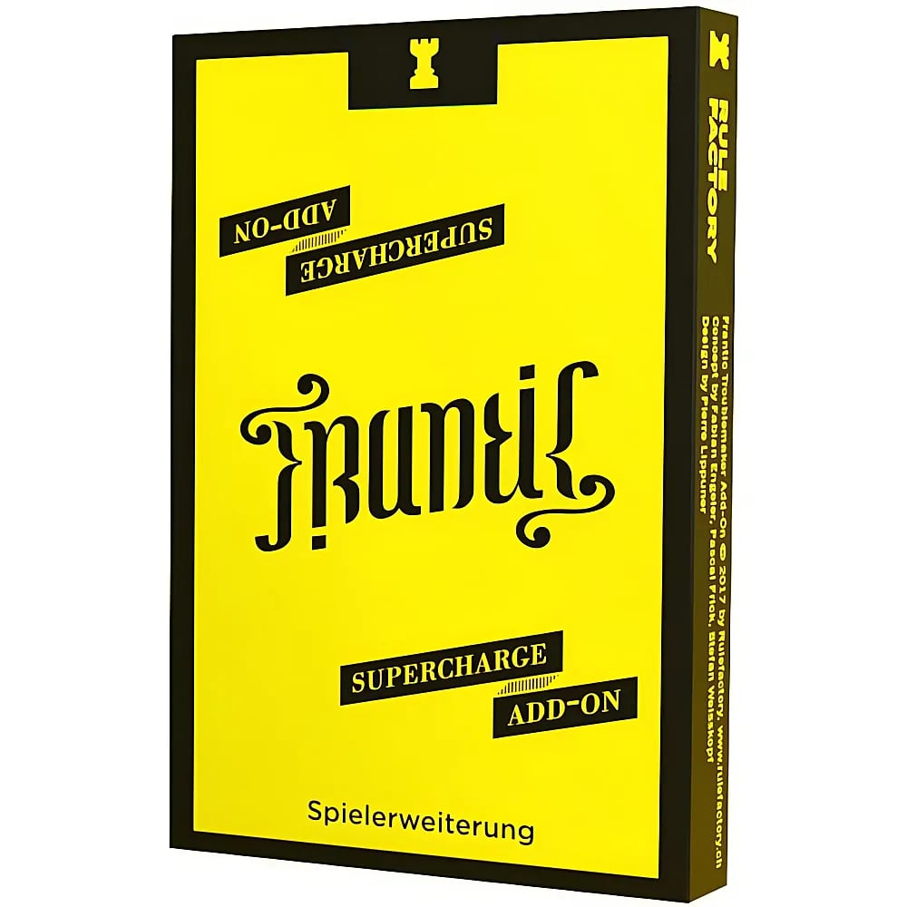 Une boîte de jeu de société jaune et noire avec le texte Supercharge Add-on et Frantic.