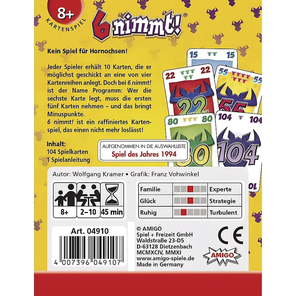 Rückseite der Kartenspielbox 6 nimmt mit Regeln, Beschreibungen und Spieldaten vor gelbem Hintergrund.